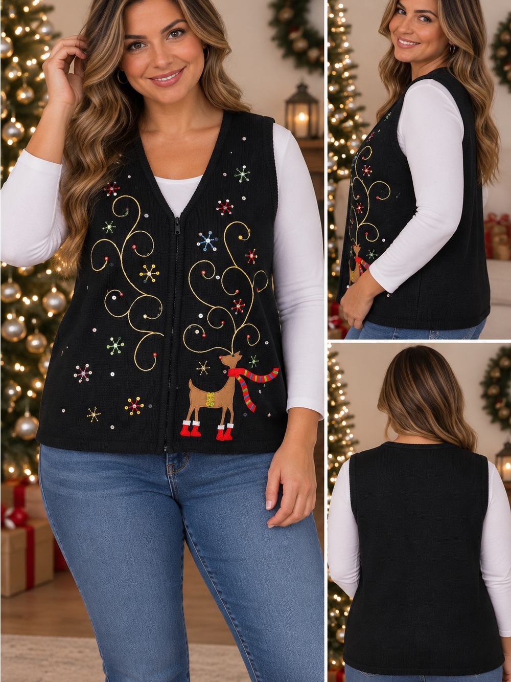 Kim Rogers Christmas Reindeer Sweater Vest Large Black Sequin Embroidered Zip